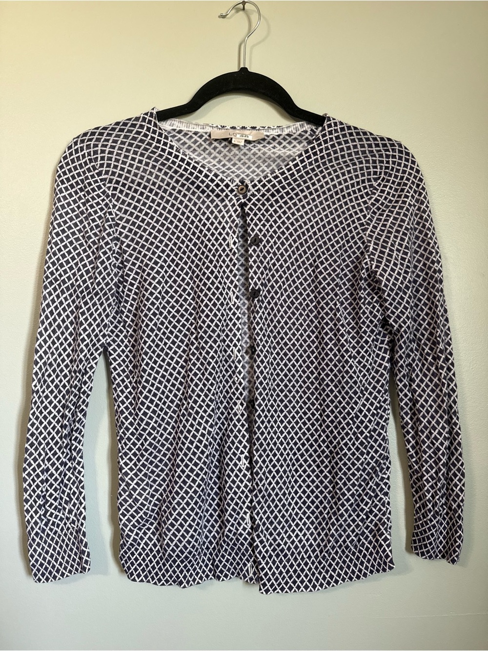LOFT Navy and White Geometric Button-Front Cardigan